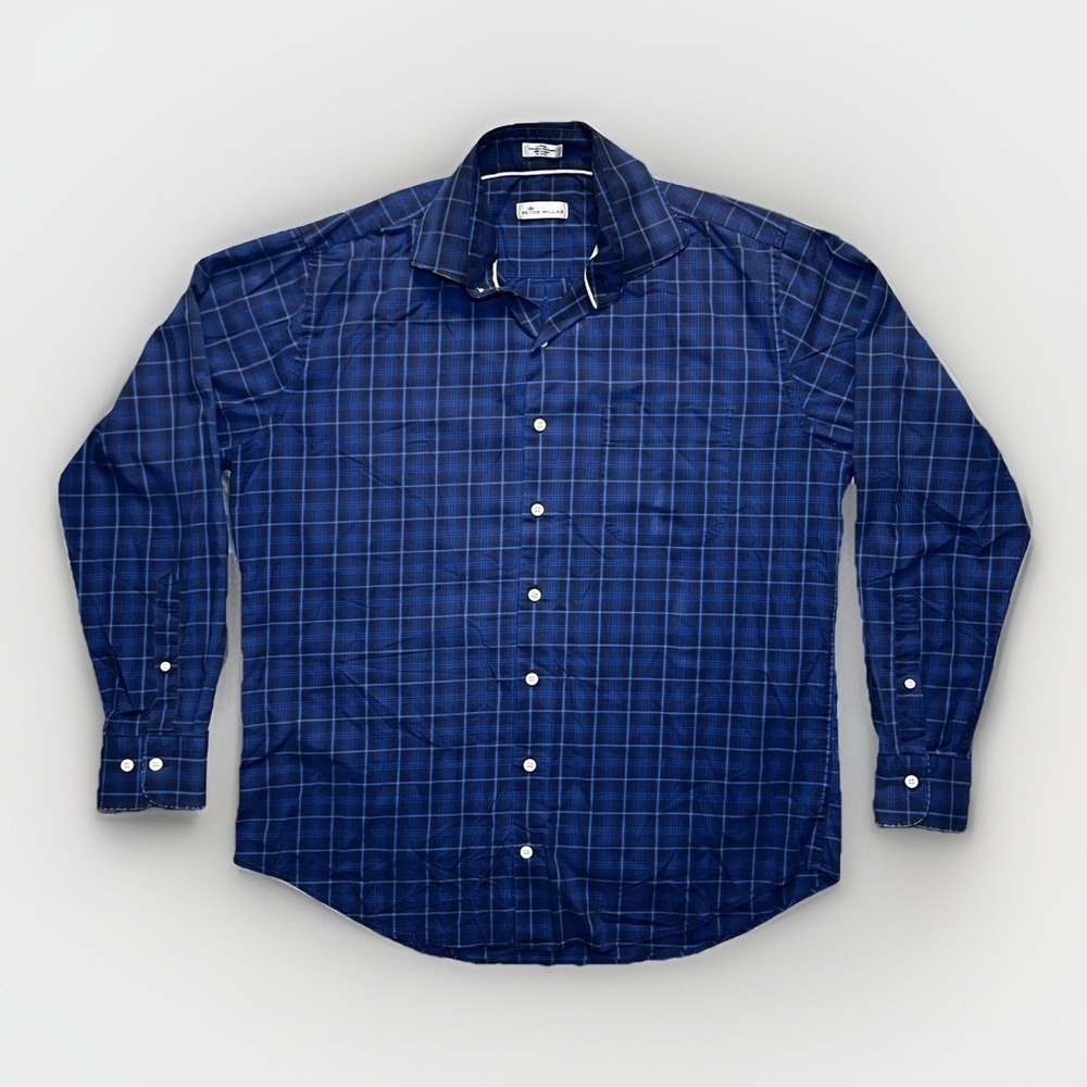 Peter Millar Men's Large Blue Plaid Flannel Button Down Shirt Cotton Spandex L